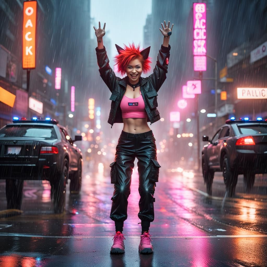 Cyberpunk Girl Celebrates as Robot Police Issues Ticket