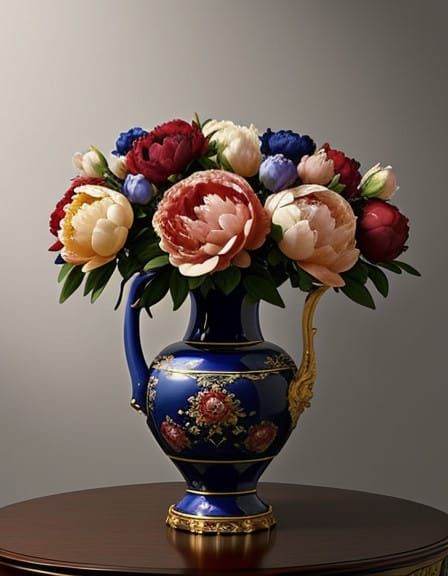 Elegant Peonies in Rich Colors within Meissner Porcelain Vas...