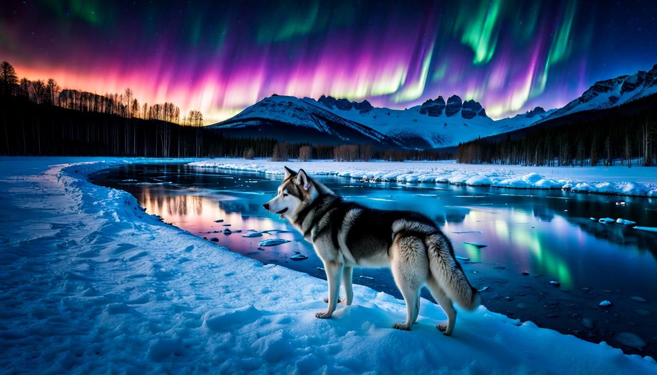 Husky Journey Under Aurora Borealis