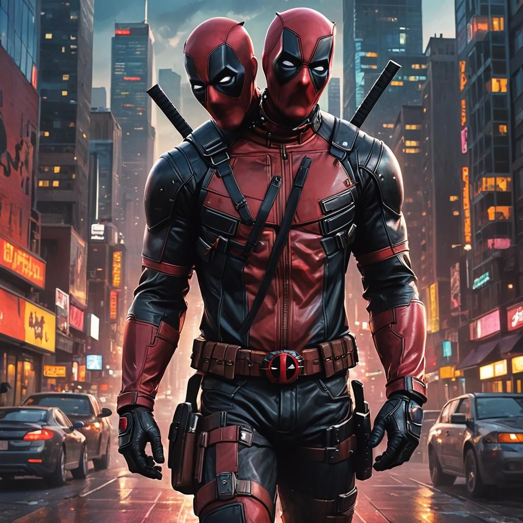Hyperrealistic Deadpool Posing with Cityscape