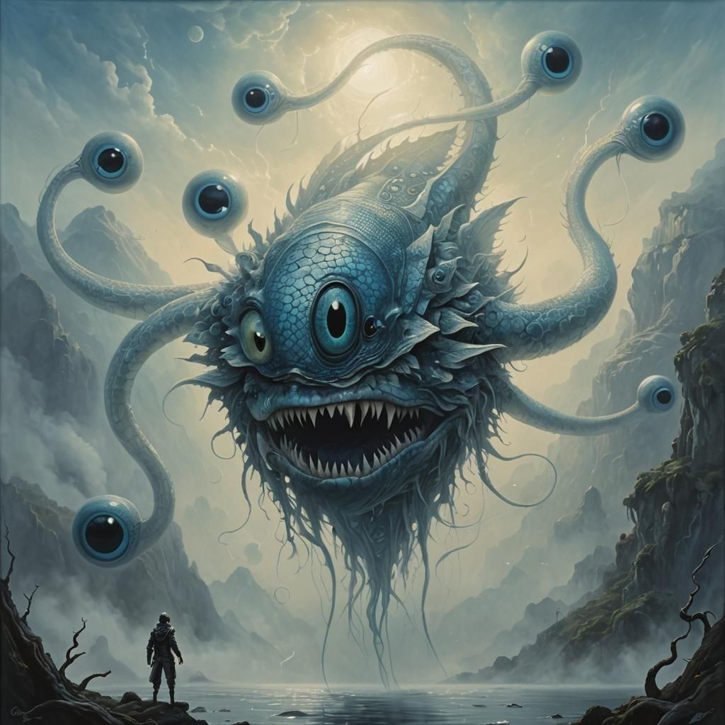 Ethereal Blue Creature in Alien Landscape Painting