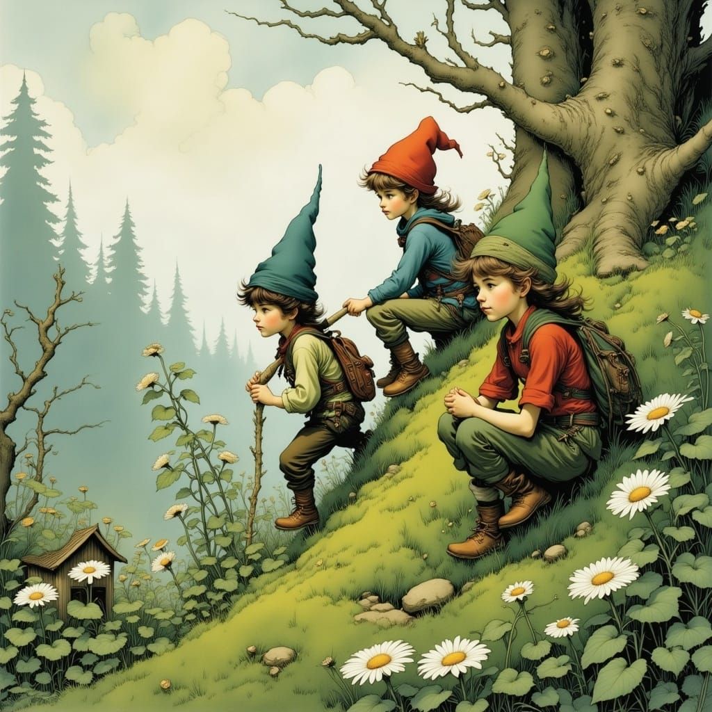 Gnomes Ascending a Lush Hill in Whimsical Style