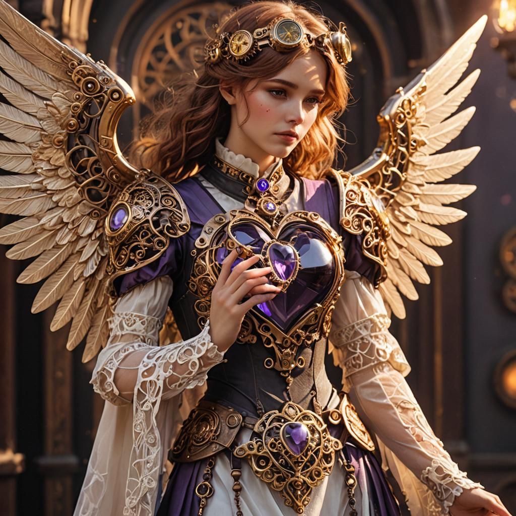 Steampunk Angel Holding Amethyst Heart Close-Up