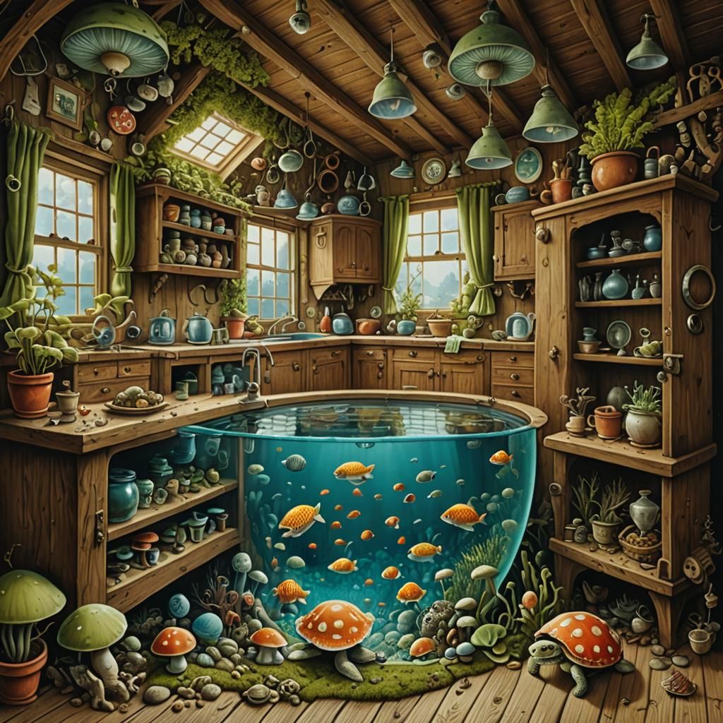 Underwater Cottage Interior in Surrealist Style