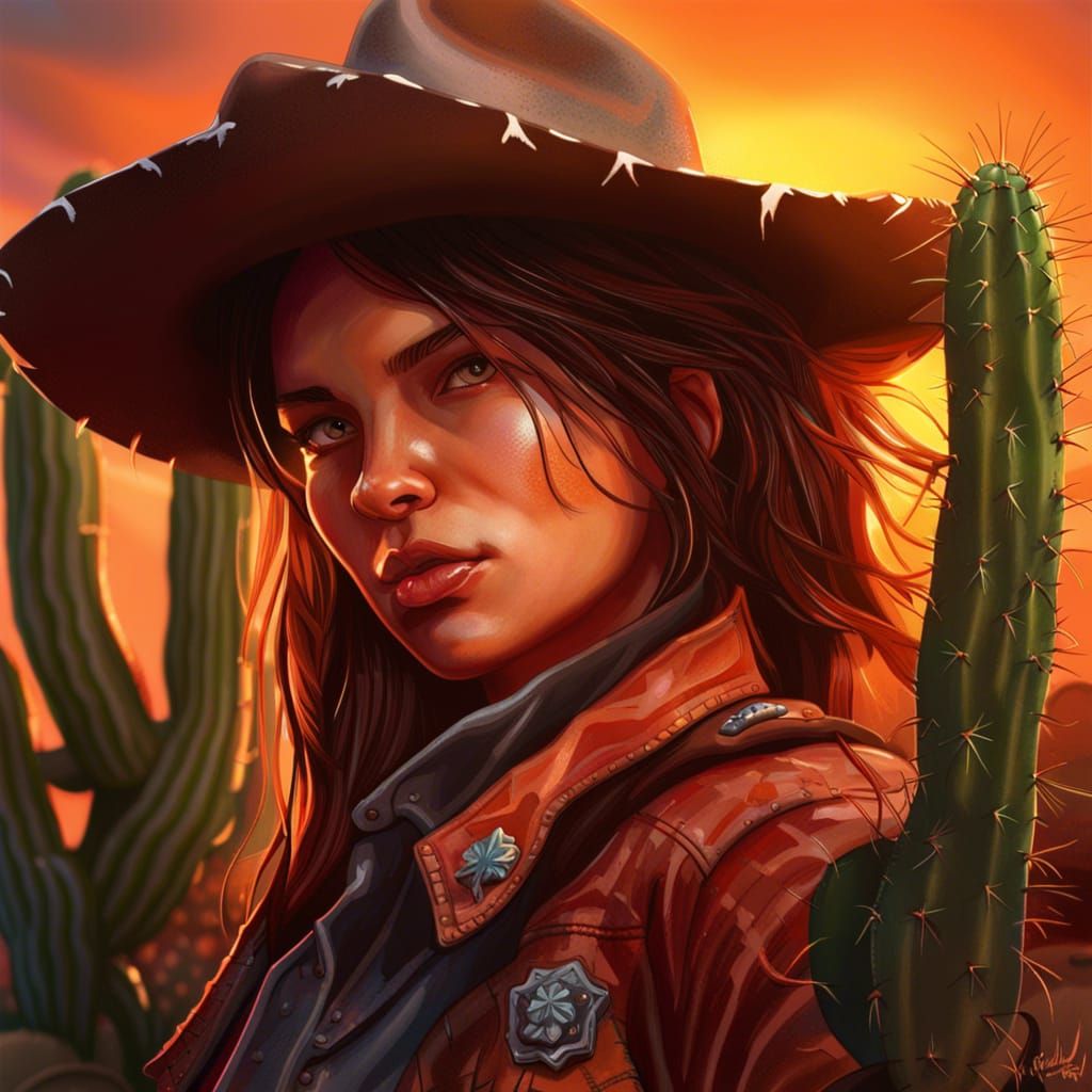 Cowgirl in Danger at Sunset: Hyperrealistic Splash Art