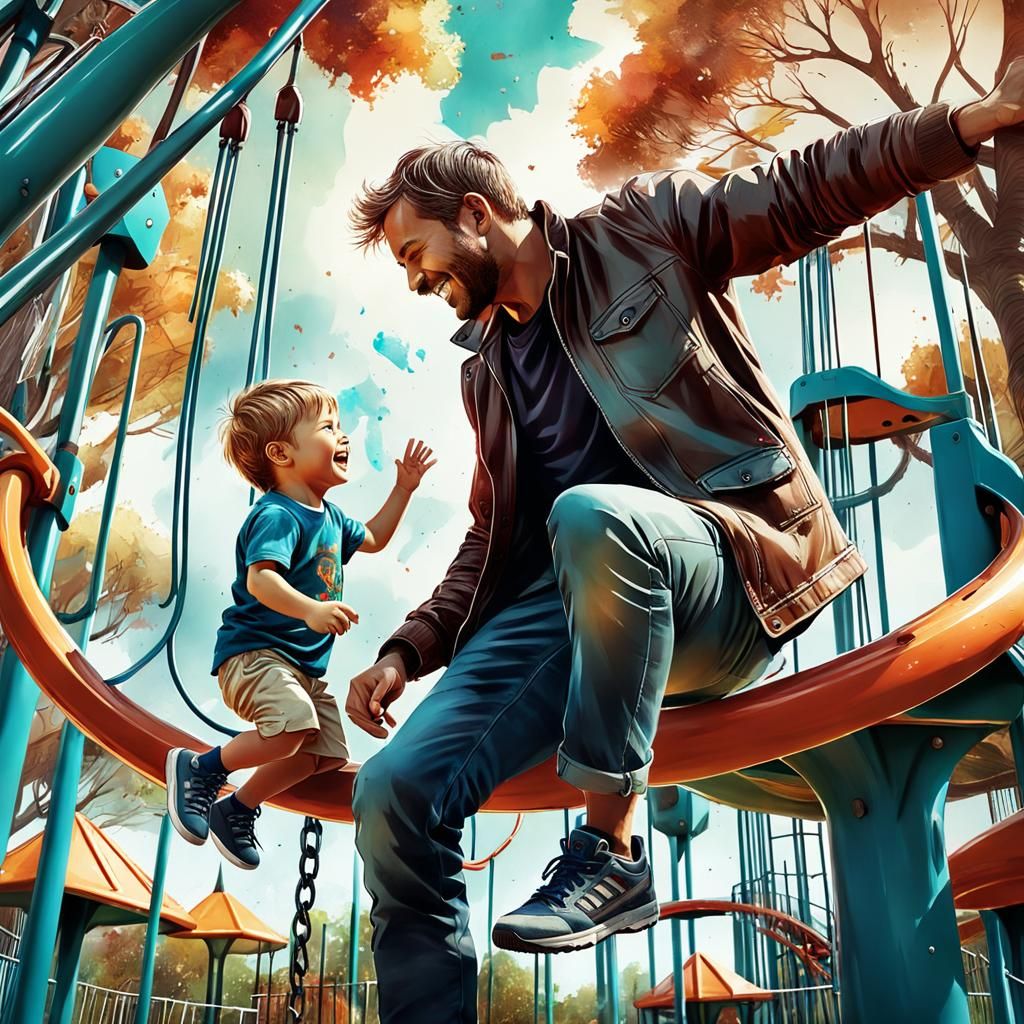 Happy Kid and Dad on Playground: Octane Render