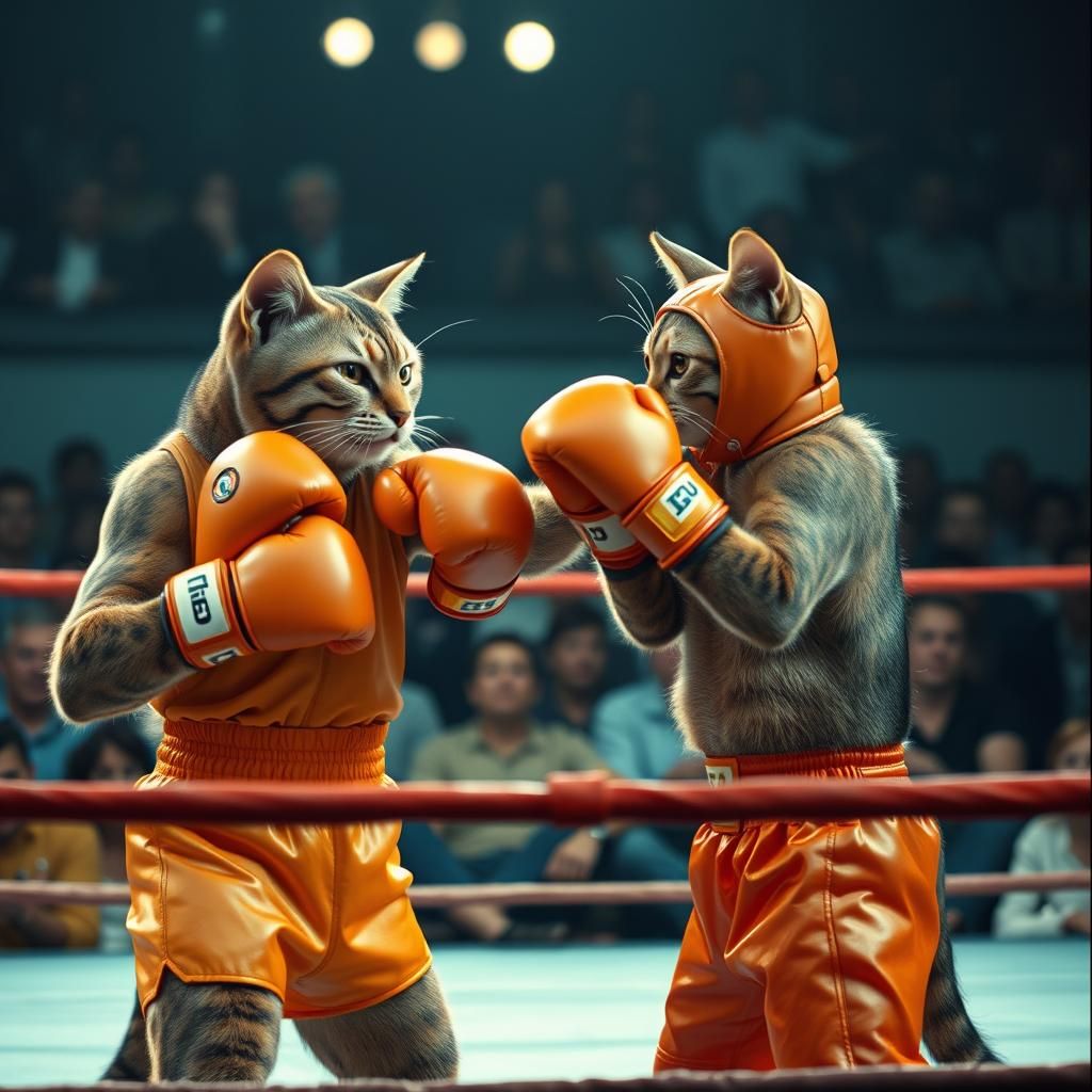 Anthropomorphic Cats Boxing in a Cinematic Film Still