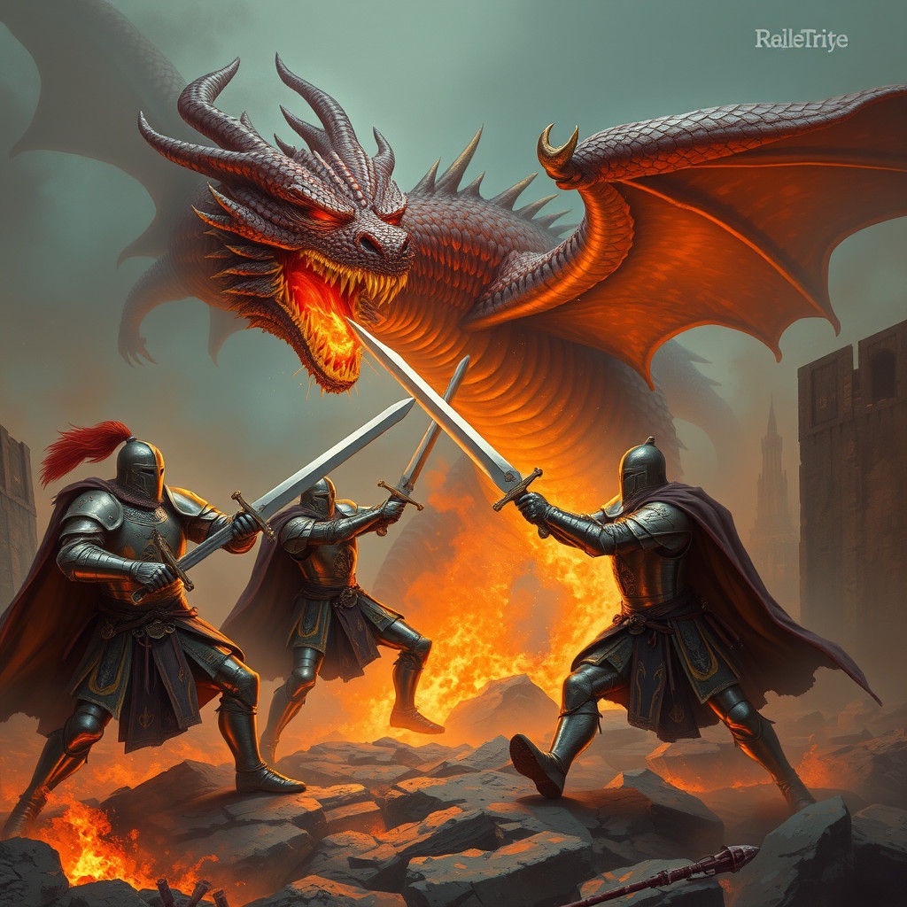 Knights Battle Dragon in Smoldering Landscape