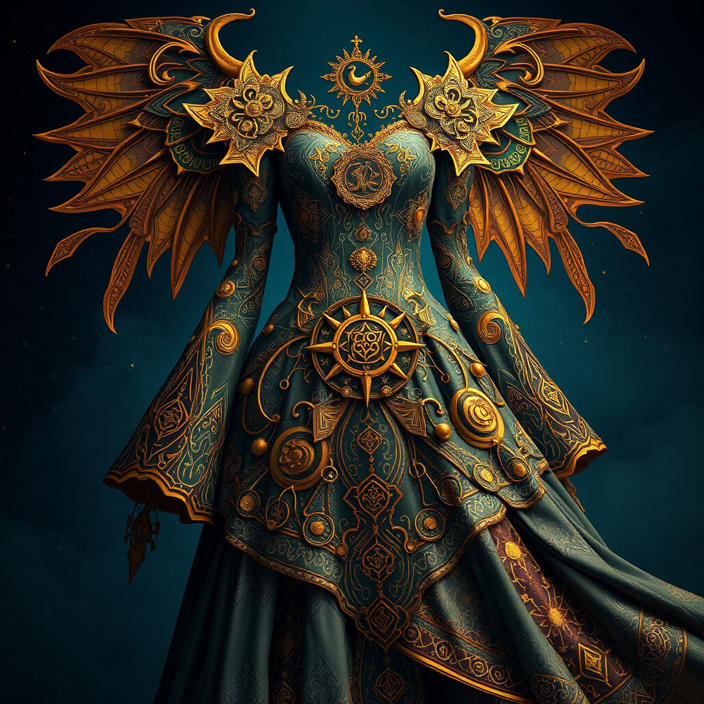 Intricate Fantasy Dress with Mystical Symbols, Digital Art