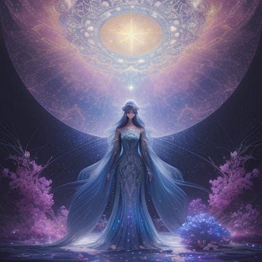 Whimsical Celestial Goddess in Dreamlike Starry Night Scene