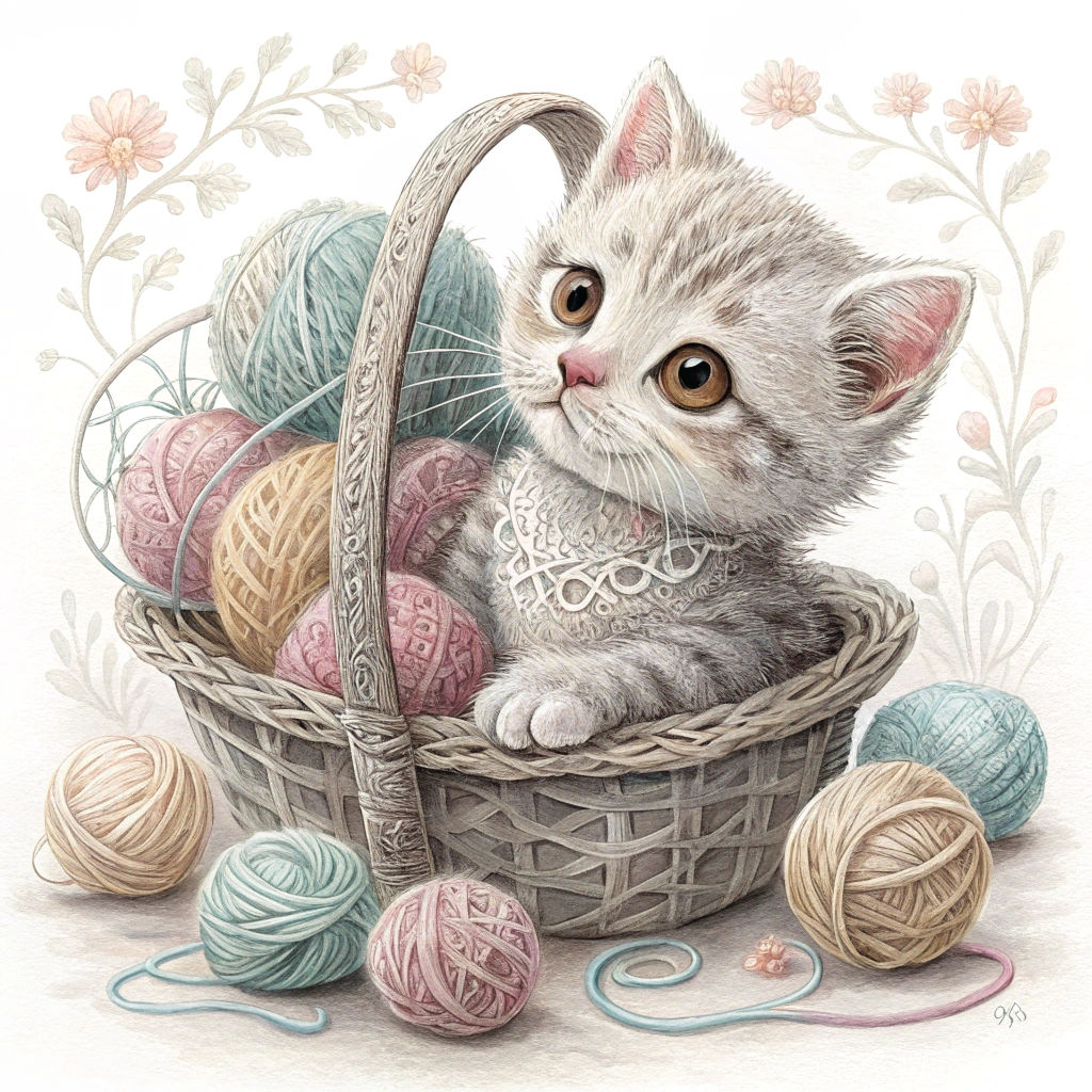 Watercolor Kitten in Yarn Basket