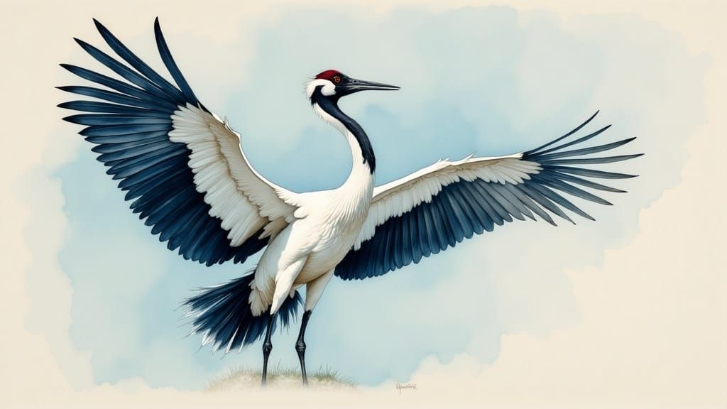 Majestic Crane with Blue Wings in Audubon Style