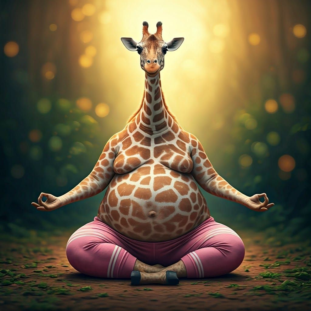 e of a chubby giraffe with a big tummy like a ball doing yog...