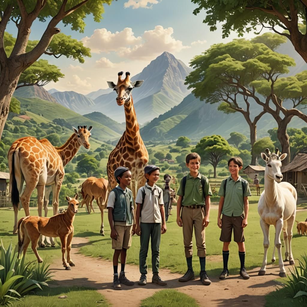 Children and Animals in a Green Park