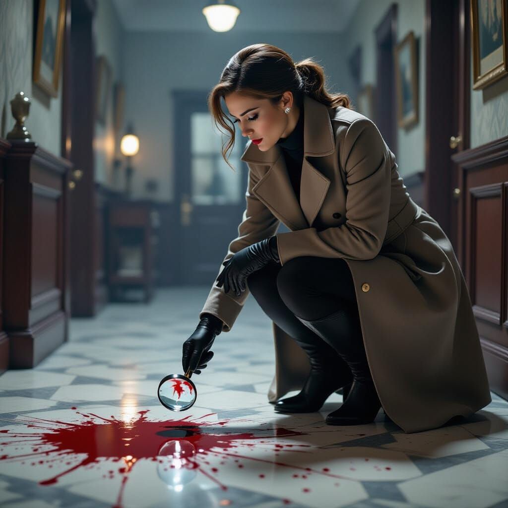Lady Detective Investigates Crime Scene in Photorealistic St...