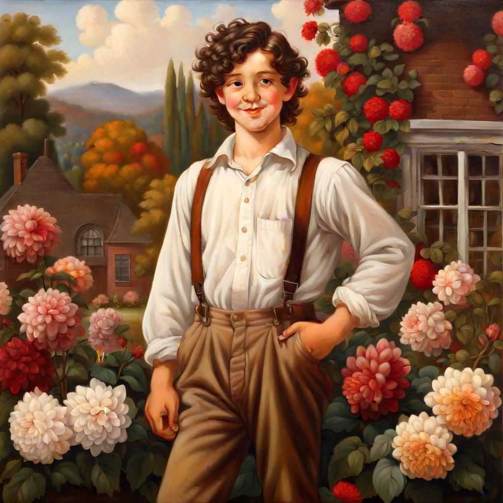 Boy Smiling in Garden: Hyperrealistic Romantic Painting