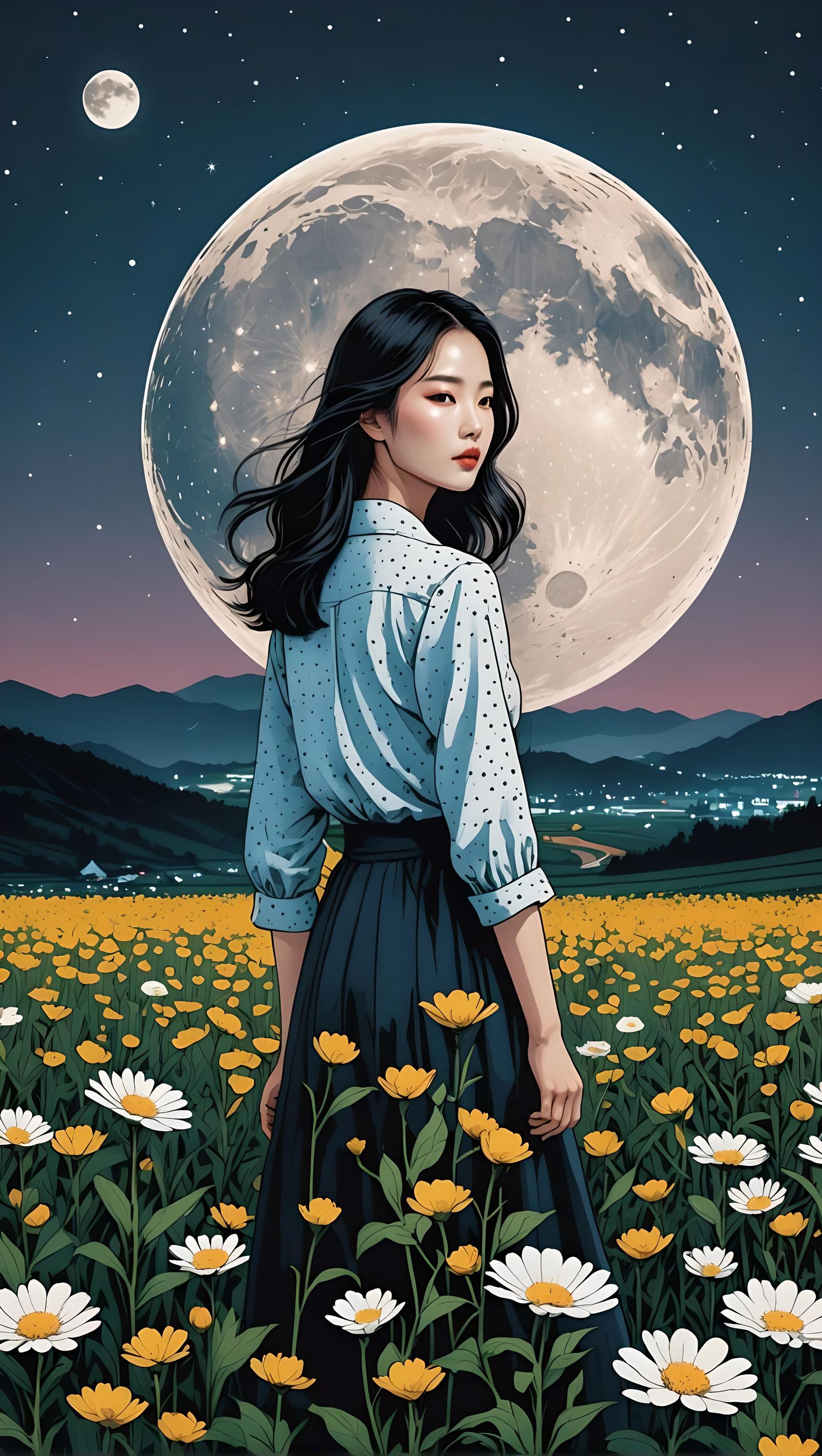 Korean Woman in Flower Field Halftone Design