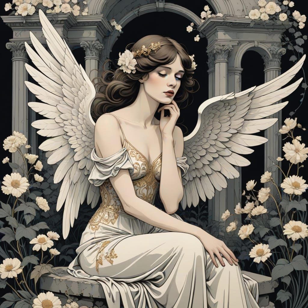 Whimsical Angel in Ruins, French Line Art Fantasy