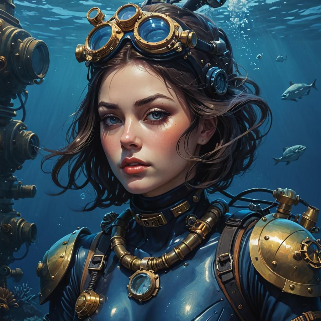 Diver in Deep Blue Sea: Solarpunk Digital Art