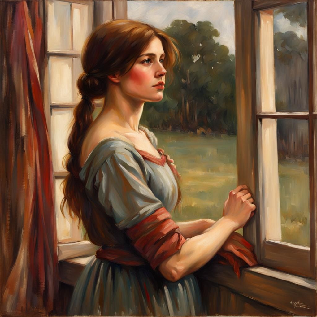 Confident Woman at Cottage Window in Pre-Raphaelite Style