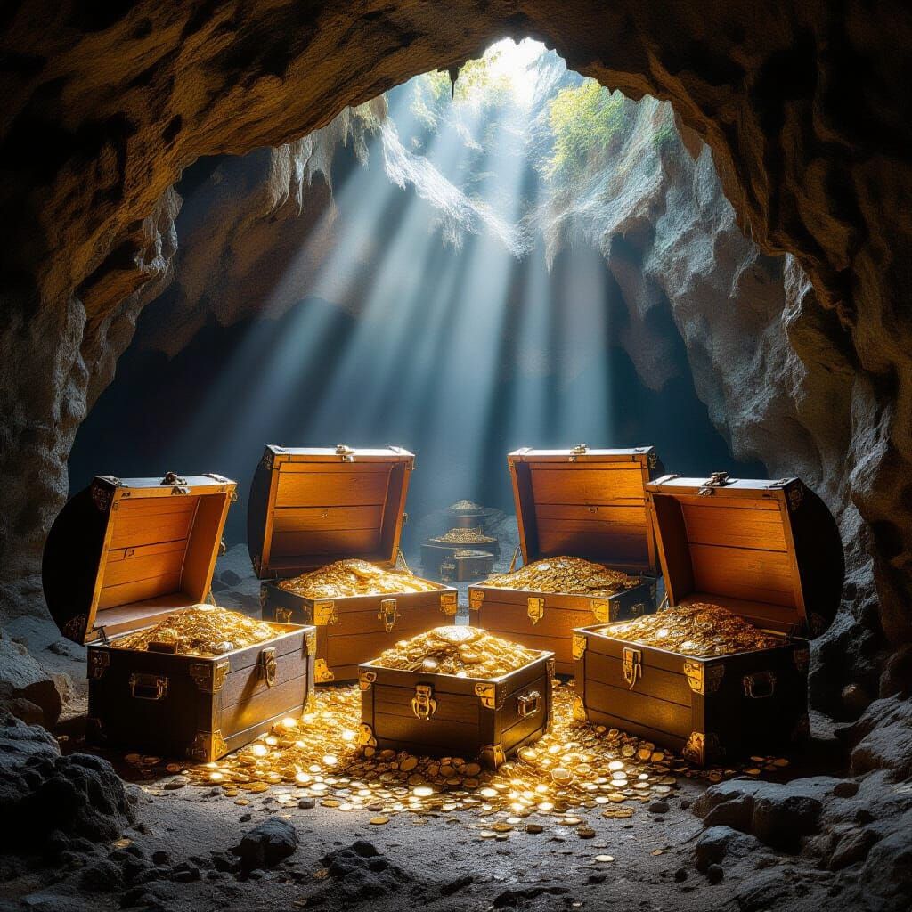 Treasure Chests Overflowing with Riches in a Sunlit Cave