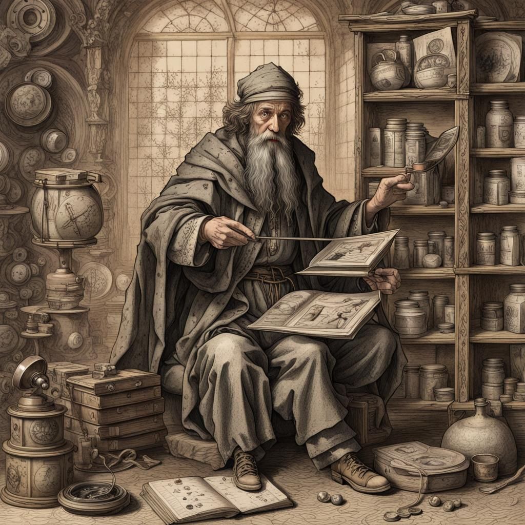 Albrecht Durer Style Alchemical Manuscript with Old Man