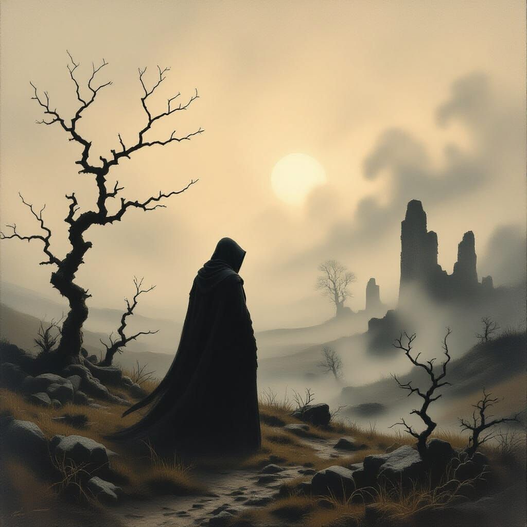 Eerie Moor: Hooded Figure in Atmospheric Landscape
