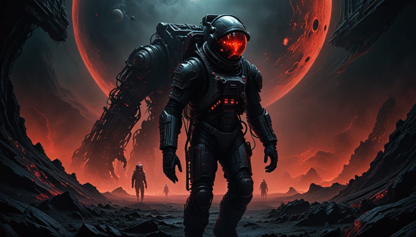 Ethereal Astronaut Confronts Mysterious Entity on Dark Moon