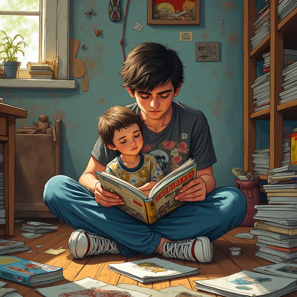 Brothers Reading Comics, Hyper-Realistic Digital Art
