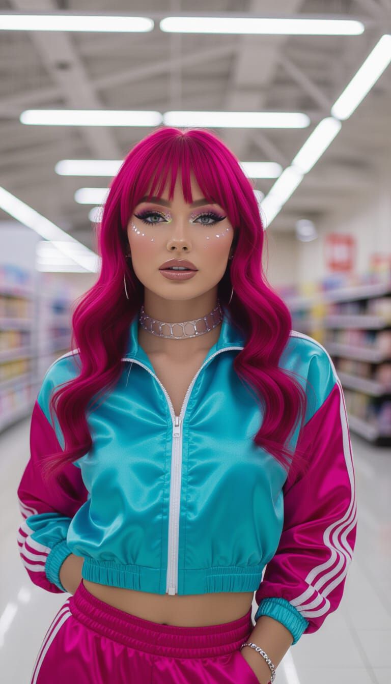Woman in 90s Magenta Teal Tracksuit with Retro Hair