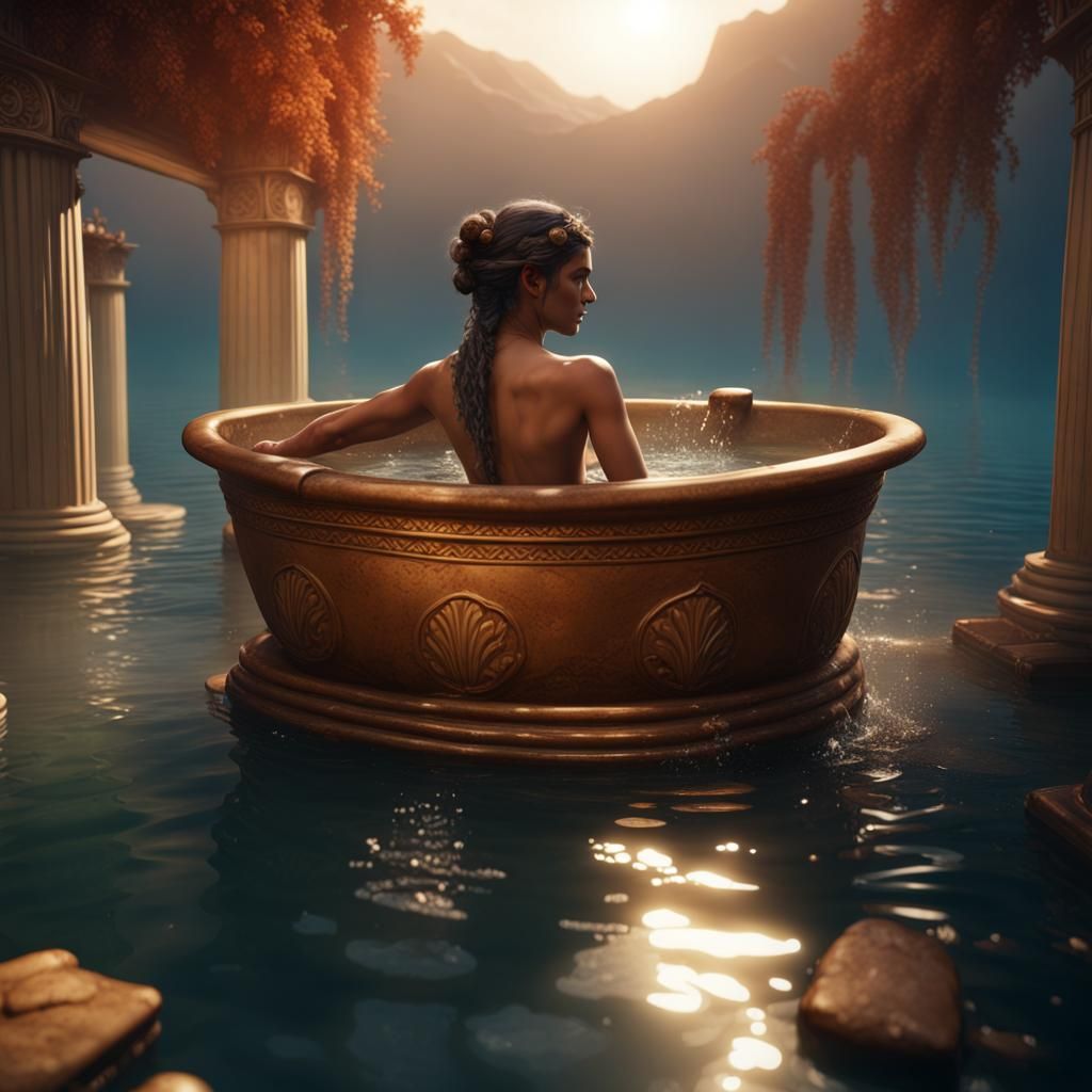 Ancient Greek Woman Bathing in Detailed Matte Painting