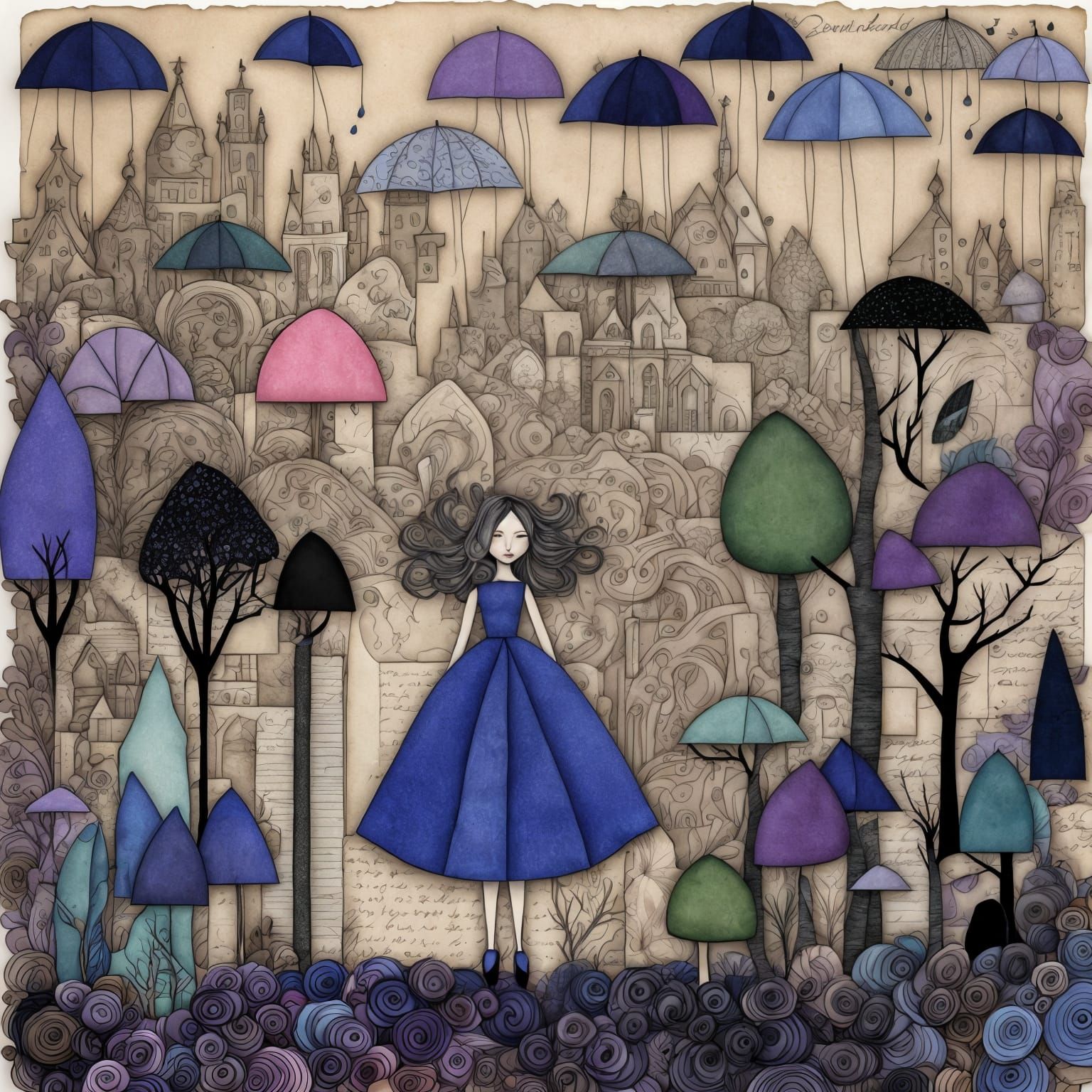 Rainy Day Doodle World in Mixed Media Collage