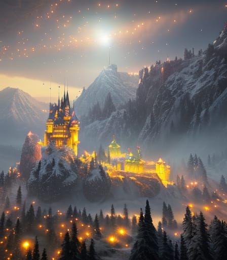Fantasy Castle Fireworks on Snowy Christmas Night