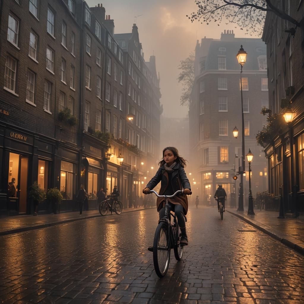 Girl on Bicycle in Foggy London Street