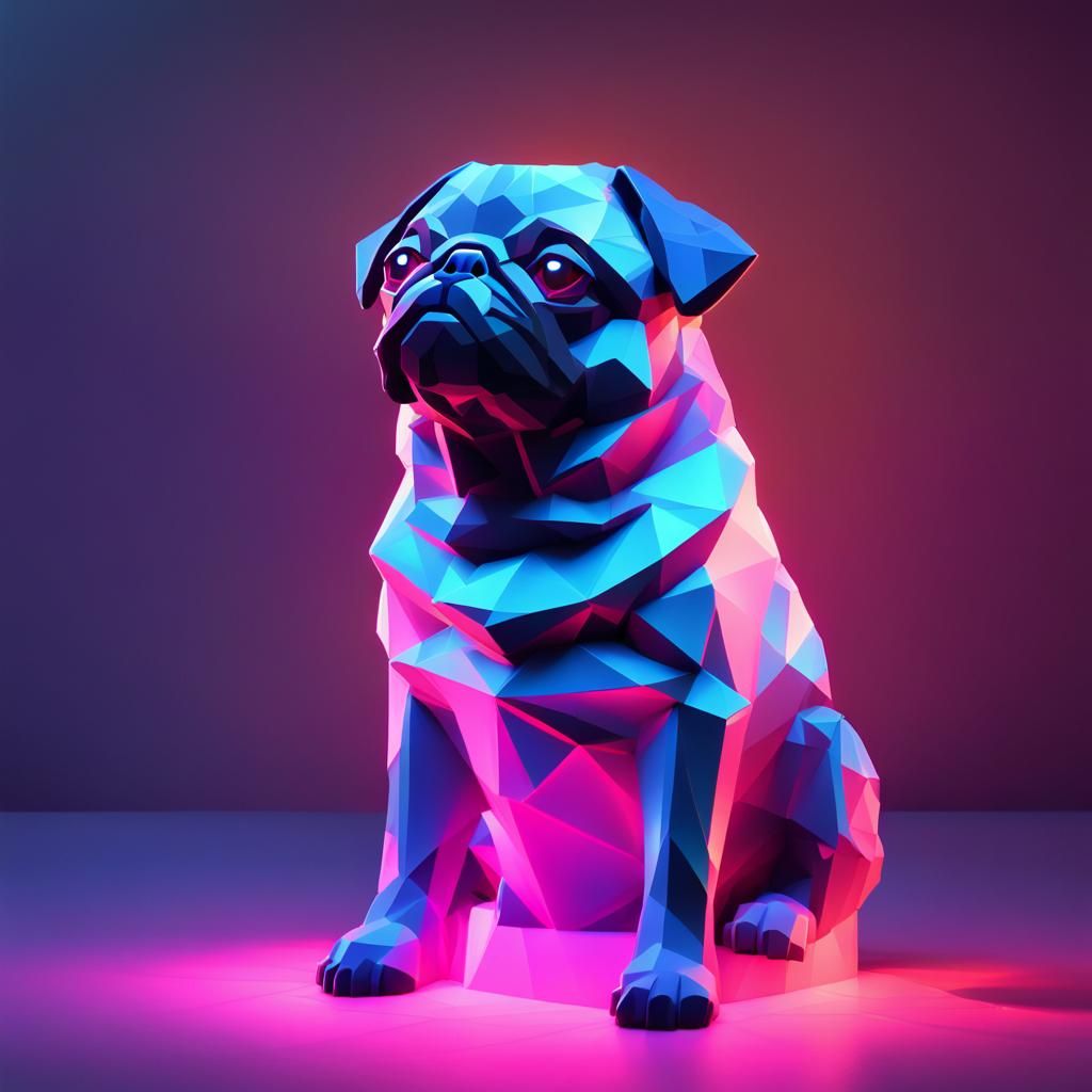Neon Polygon Pug Sculpture in Low-Poly Style