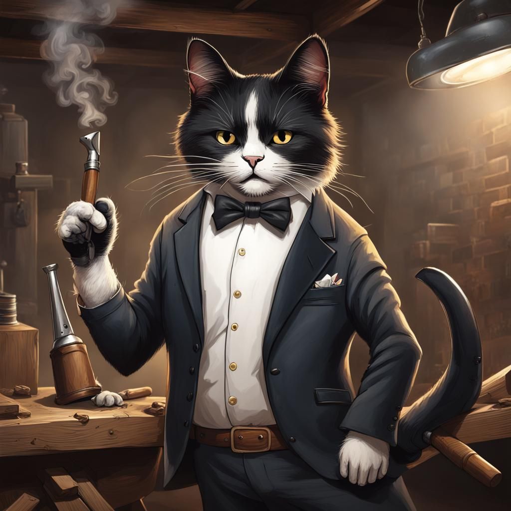 Tuxedo Cat Handyman with Hammer and Cigar