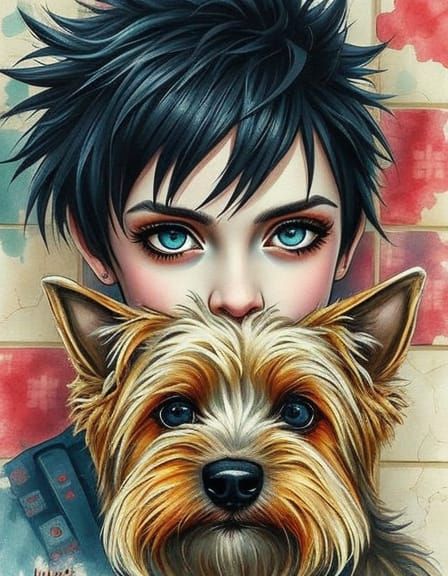 Rustic Portrait of Girl with Westie in Watercolor Style
