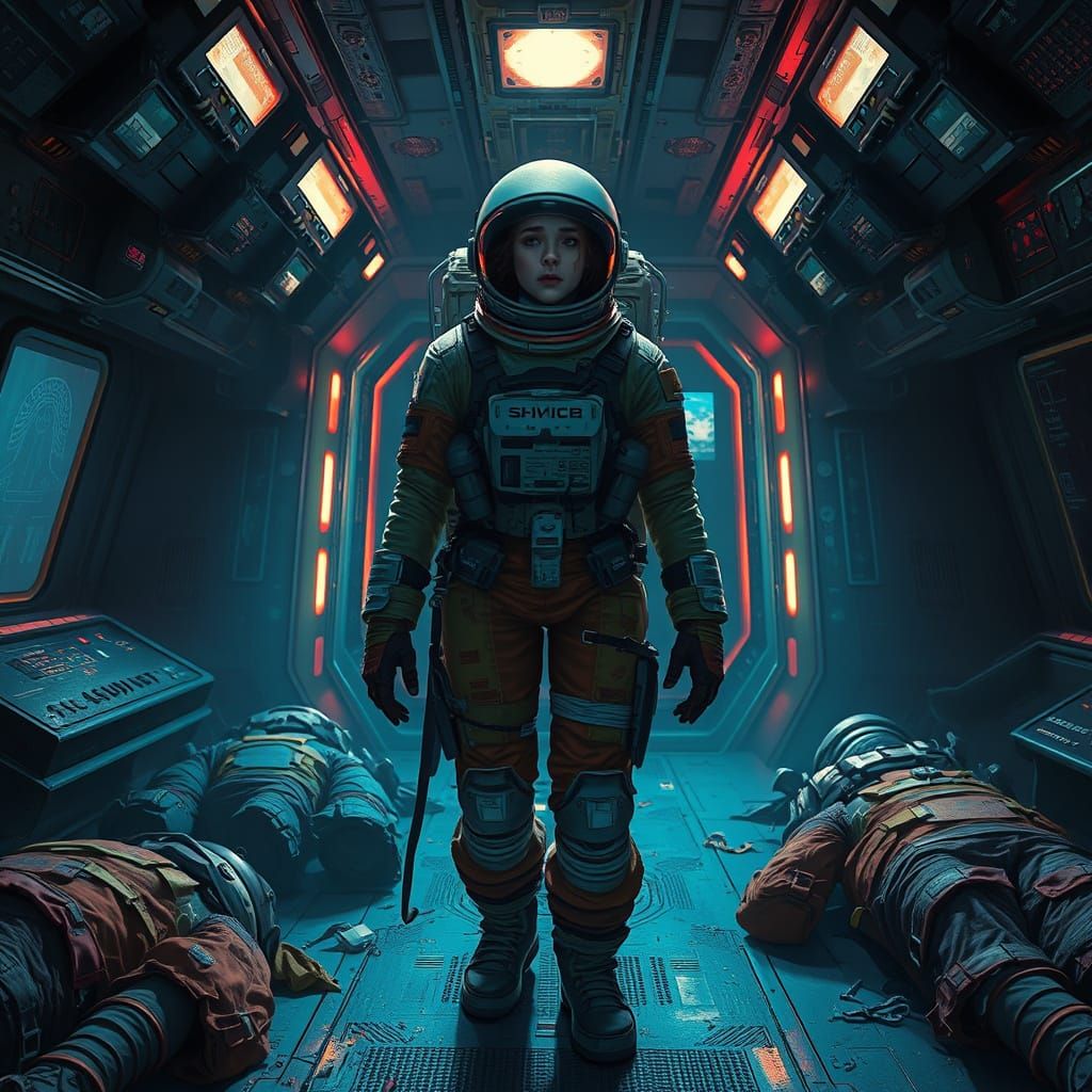 Lonely Astronaut in Dim Spaceship: Cinematic Matte Painting