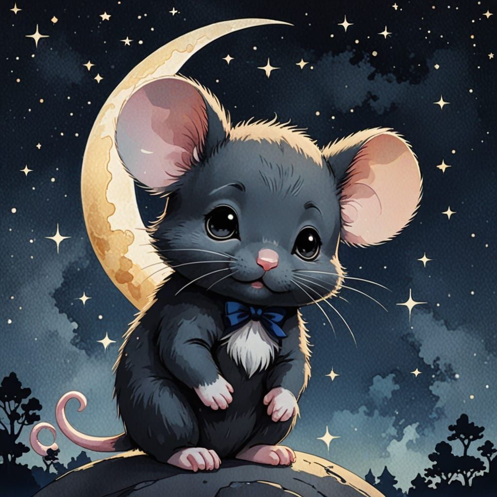 Charming Chibi Mouse Under Crescent Moon Night