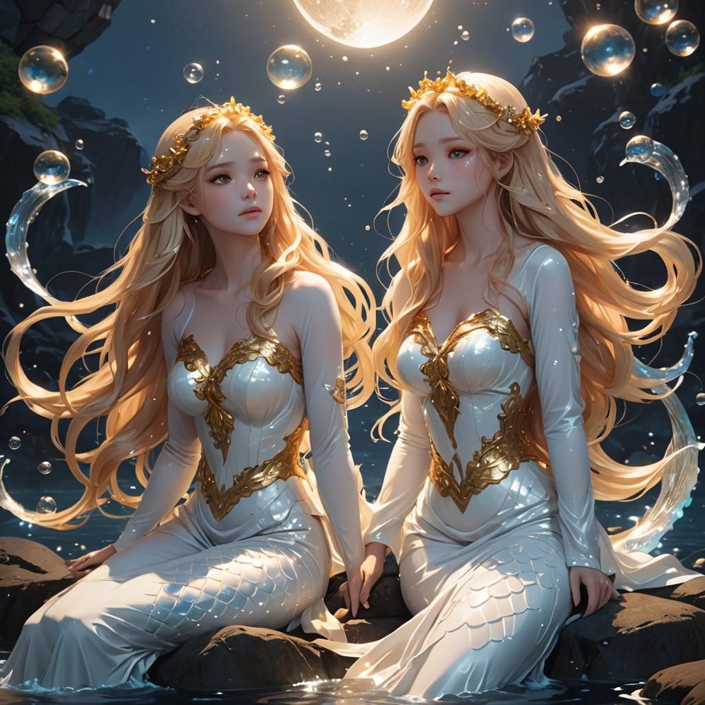 Anime Mermaids in Bioluminescent Night Waters