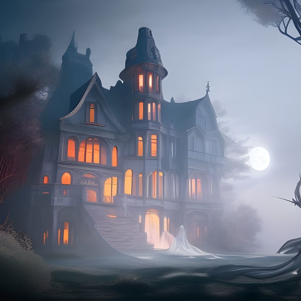 Ghostly Apparition Before Haunted House in Moonlight