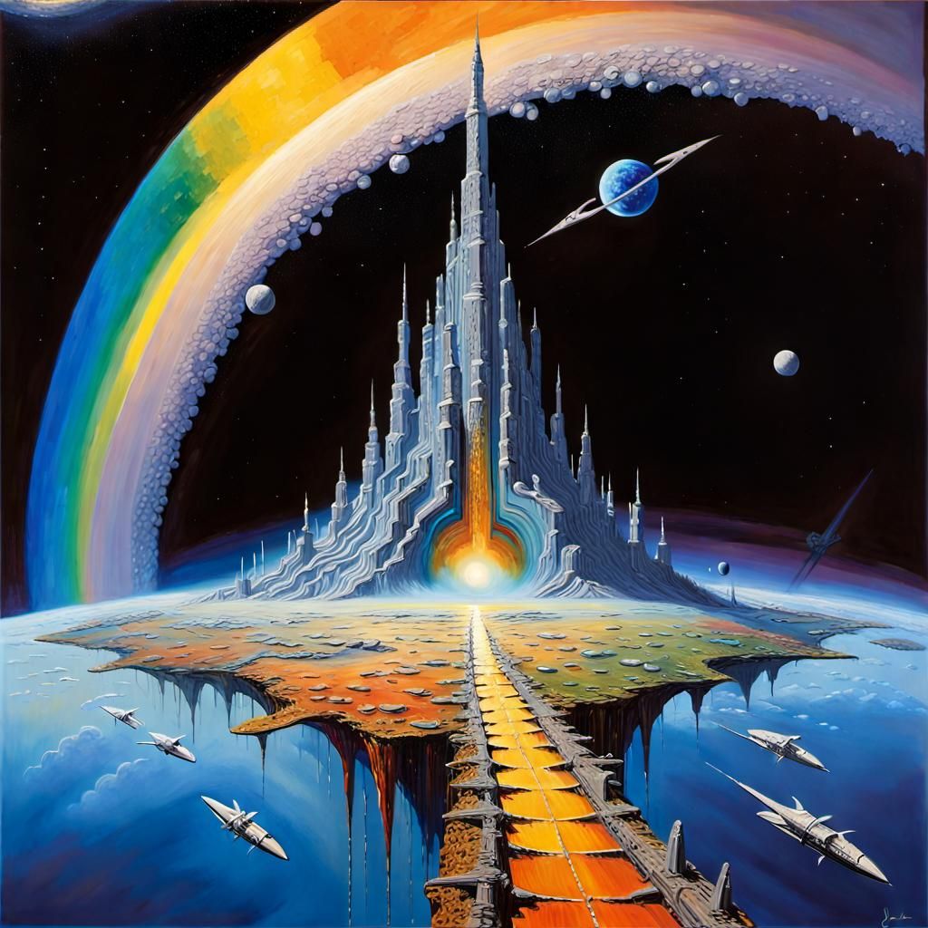 Gaian Planet's Sci-Fi Orbit in Prismatic Oil Painting