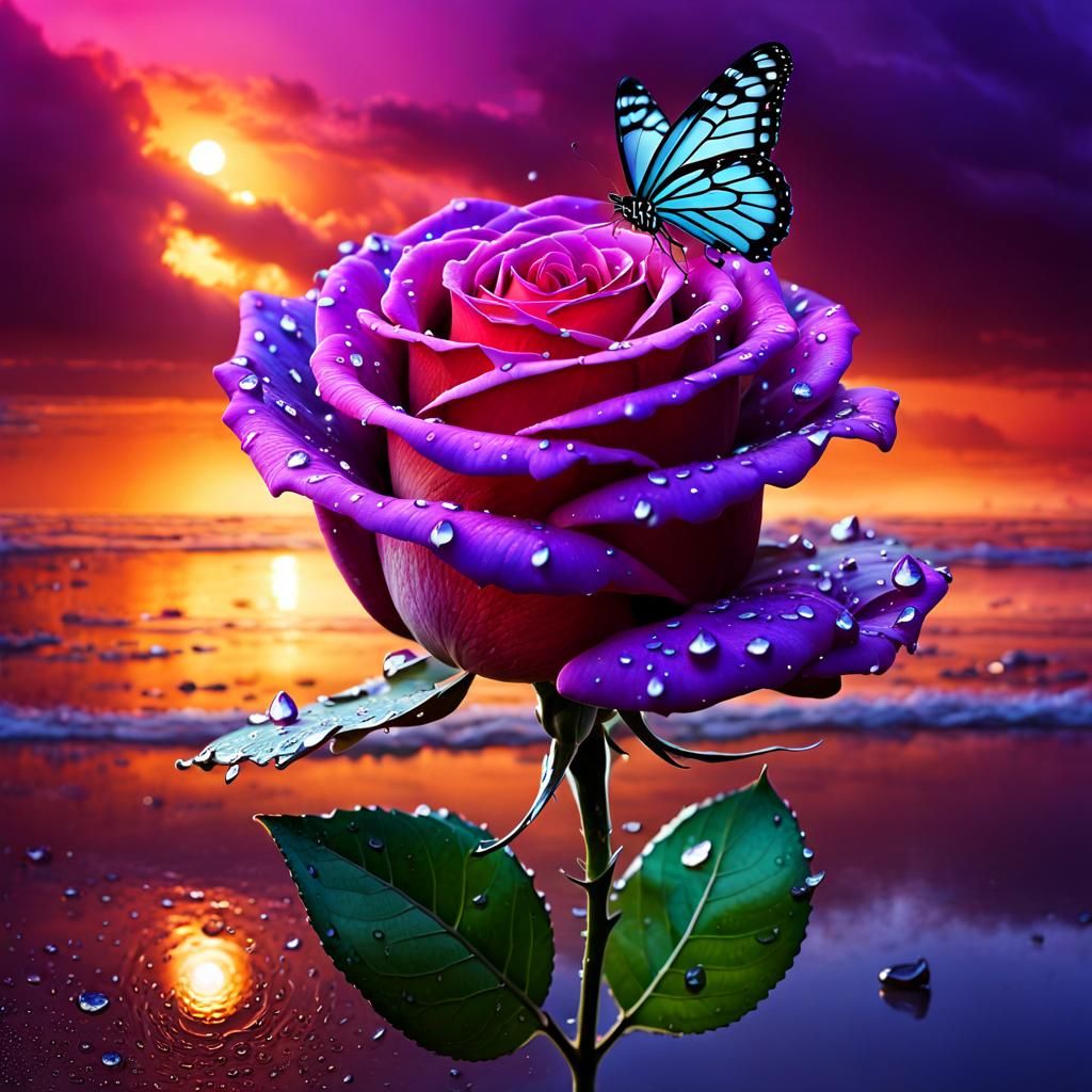 Chrome Metal Purple Rose With dew drops dripping off of it