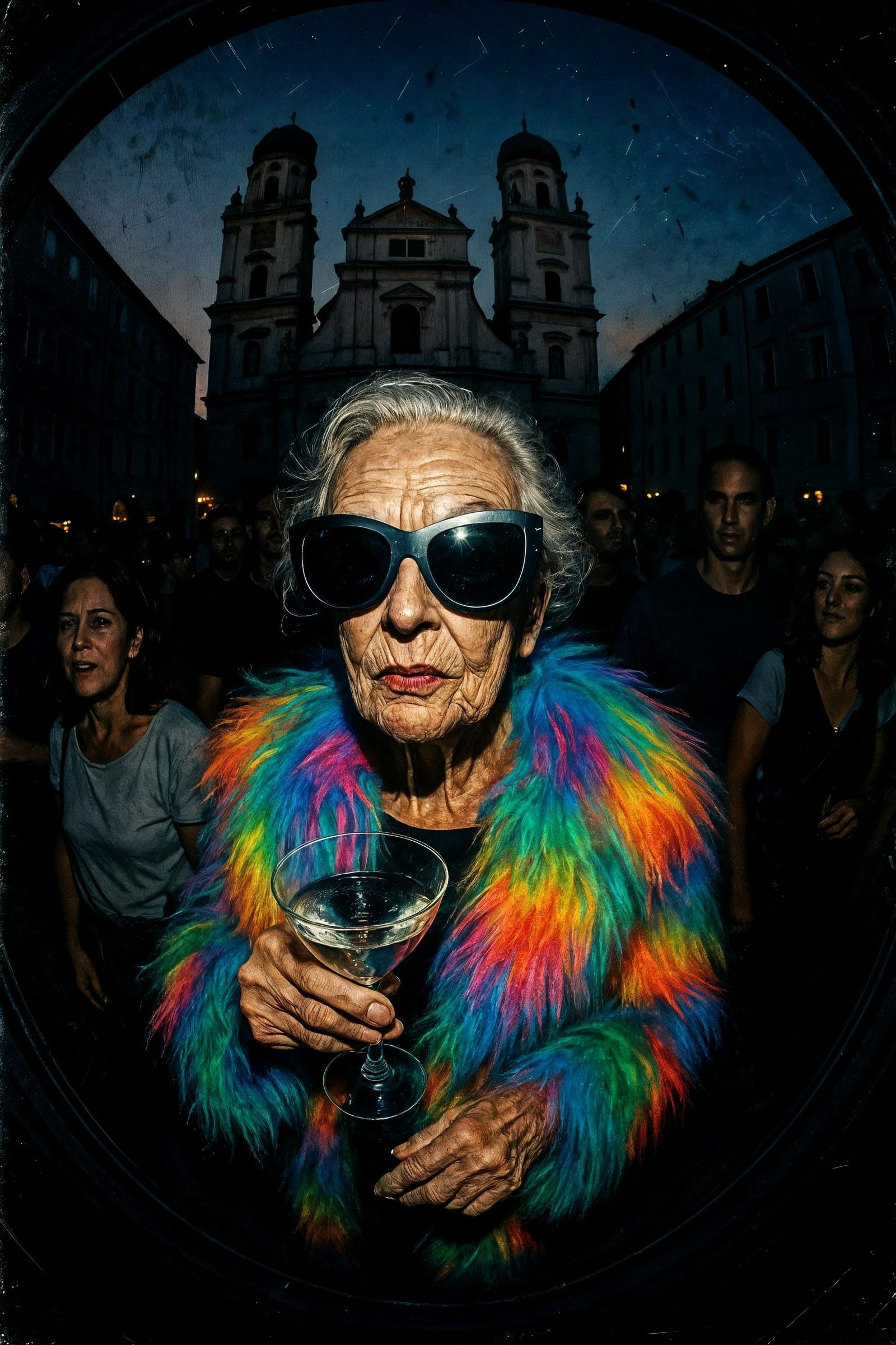 Glamorous Woman in Neon Fur, Hyperrealistic Flash Photo