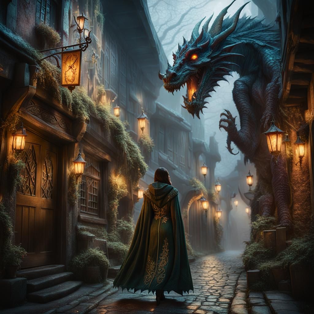 Ethereal Elf Woman Walks to Dark Dragon Inn