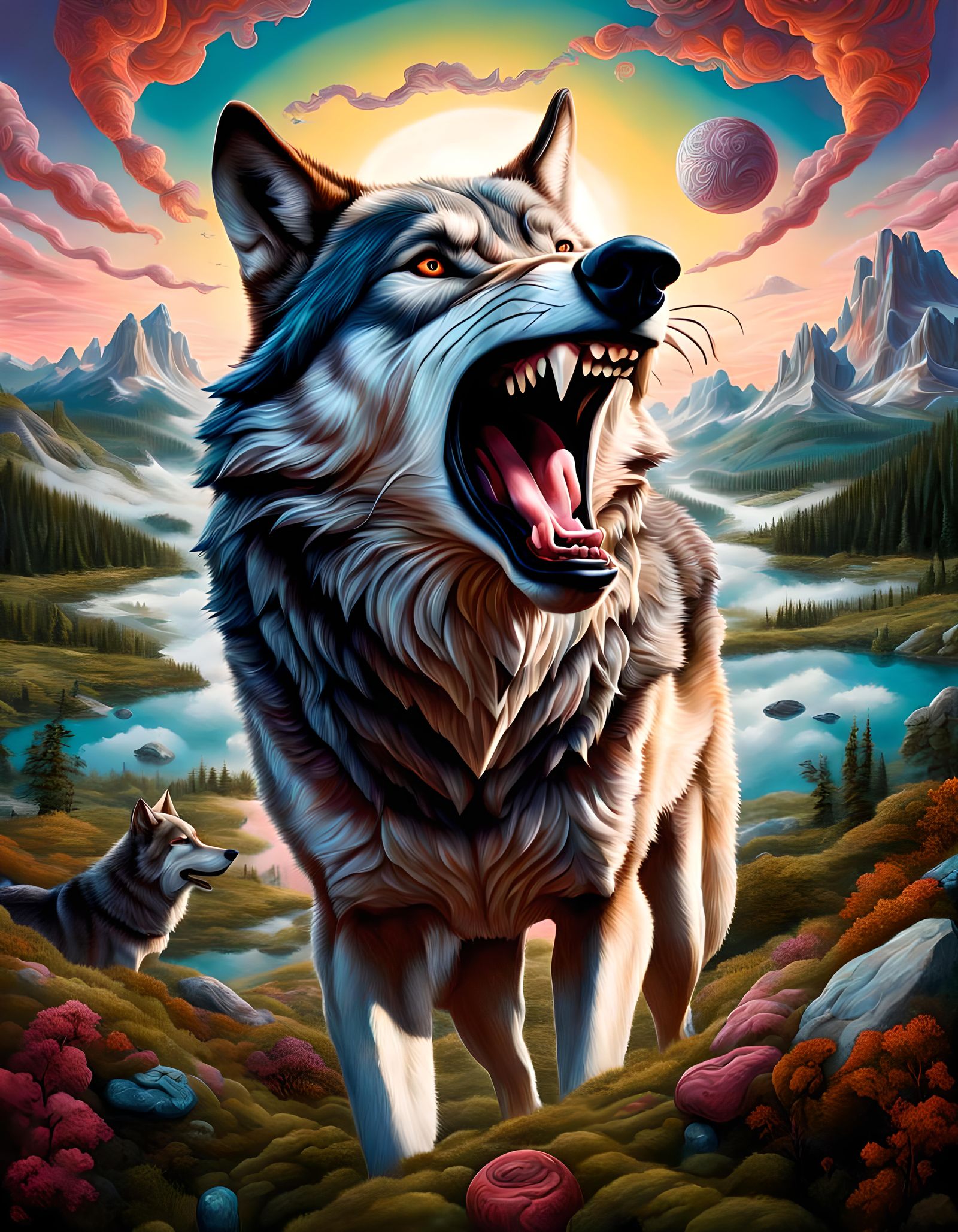Surreal Wolf Devouring Fantasy Landscape in Op-Art Style