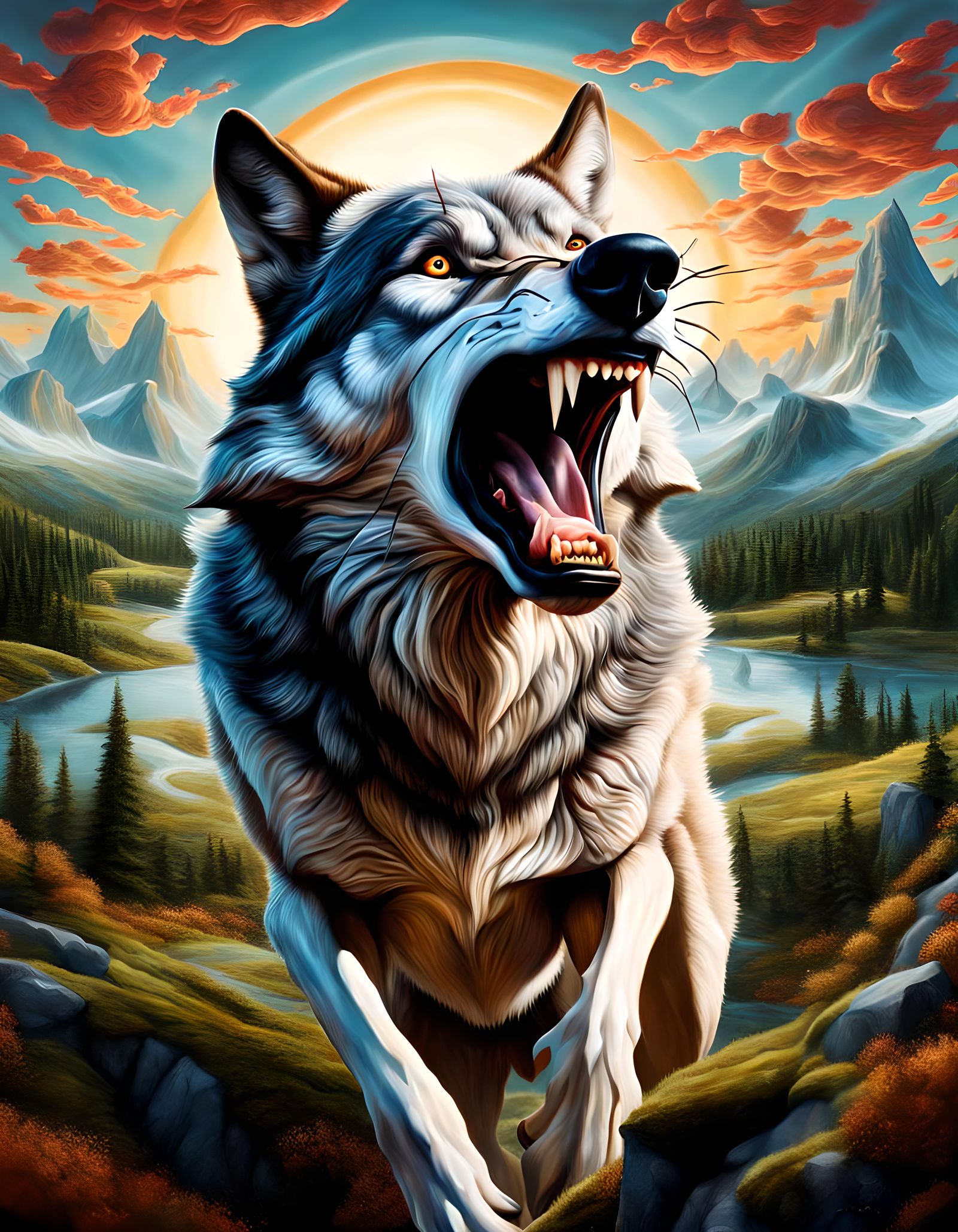 Surreal Wolf Devouring a Fantastical Landscape