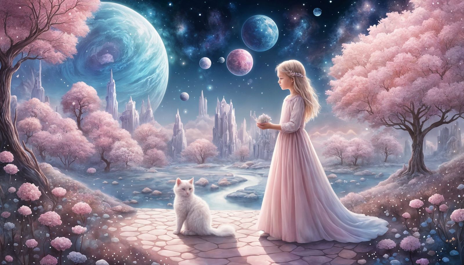 Girl and Fluffy Cat in a Crystal World