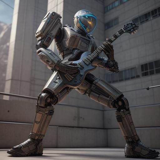 Futuristic Sci-Fi Guitarist in Polished Metal