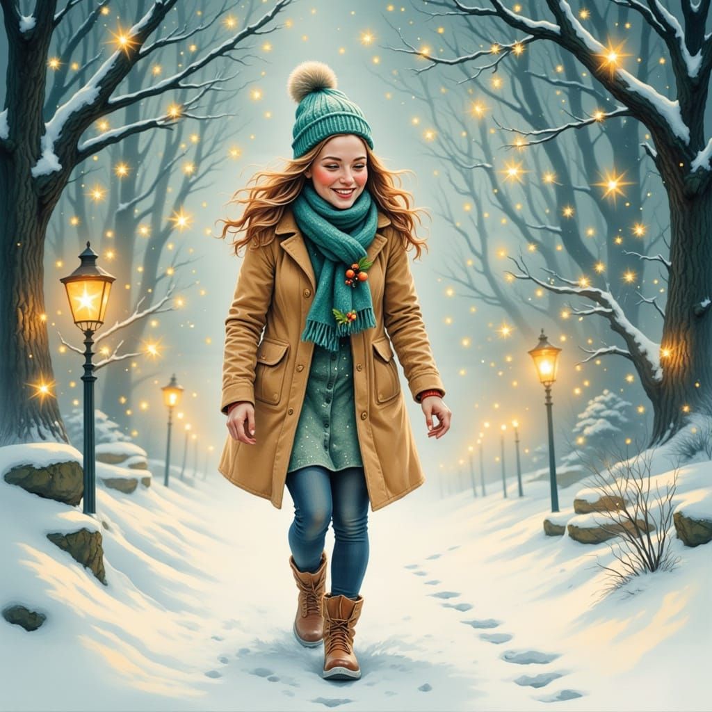 Smiling Woman in Snowy Garden with Teal Beanie